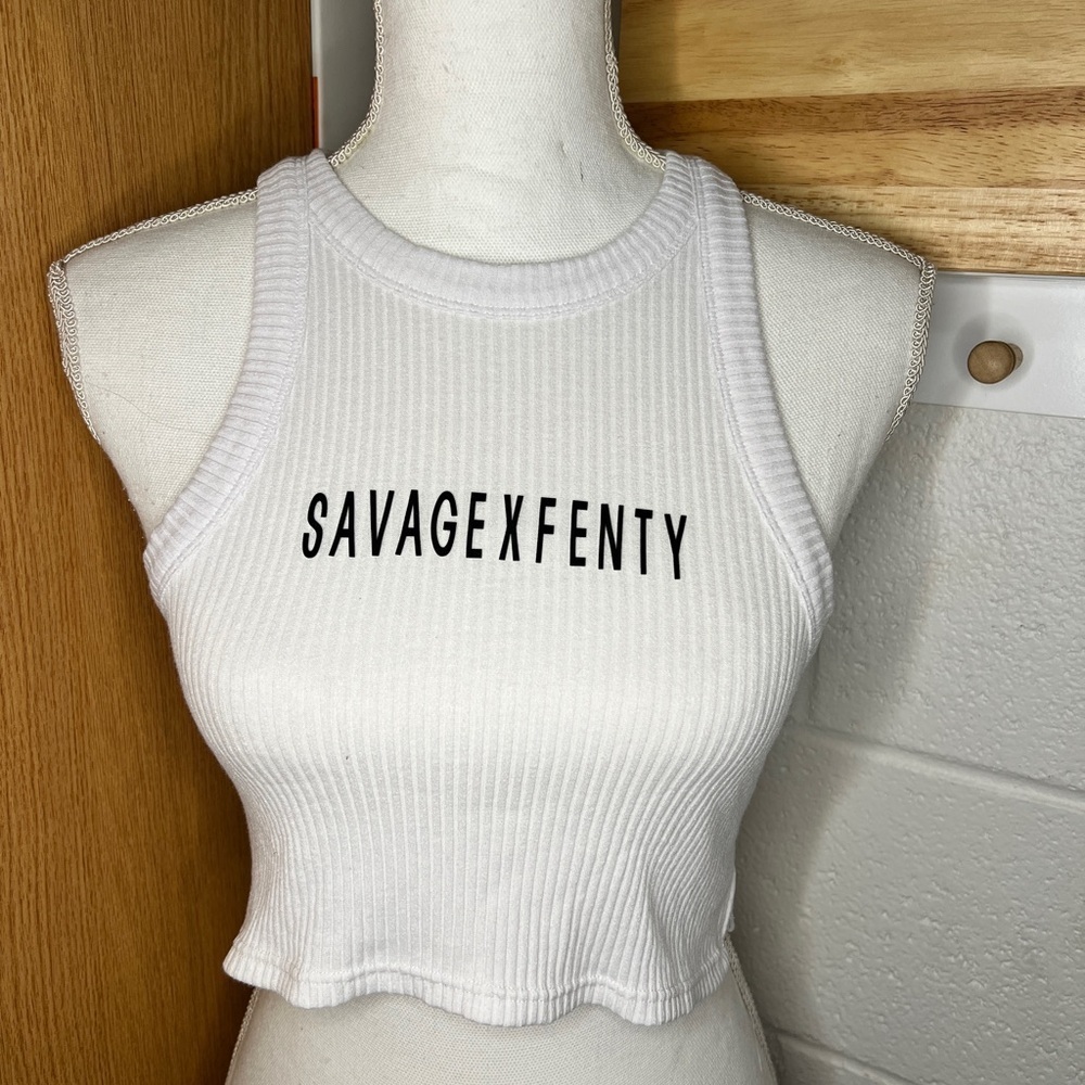 Savage X Fenty Women's Essential Heavy Rib Cropped Logo Tank White Size XS